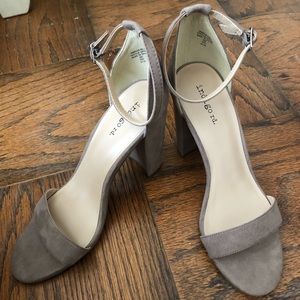 Brand new taupe block heels with ankle straps